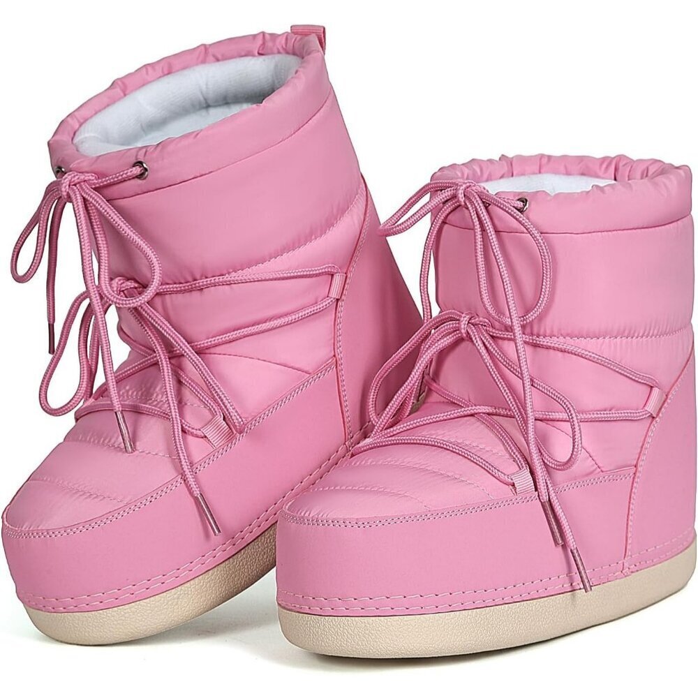 Women's Pink Winter Snow Boots Anti-Slip Lace-up Ankle Booties with Lining